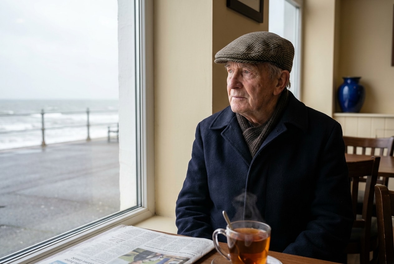 A 71-year-old White British man in cafe by the seafront morning, wearing flat cap + coat, tea + a folded newspaper, looking outside, soft natural editorial lighting