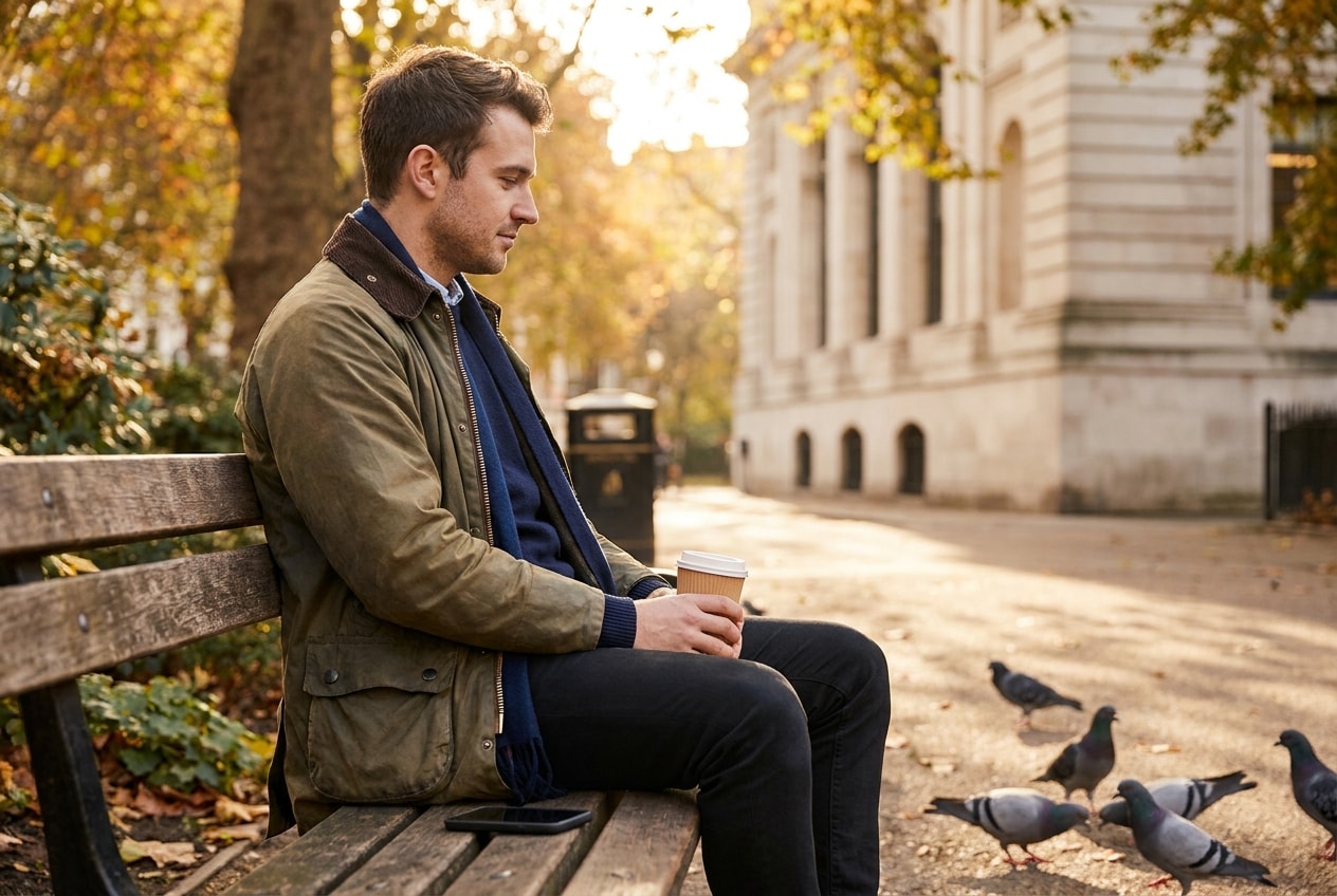 A 29-year-old White British man in urban park bench late afternoon, wearing olive jacket, phone face-down beside him, watching pigeons, soft natural editorial lighting