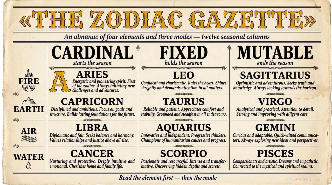 A vintage broadsheet newspaper front page titled «The Zodiac Gazette» laying out a four-row by three-column editorial table: four element rows (fire, earth, air, water) crossed with three mode columns (cardinal, fixed, mutable), each cell dressed as a classified entry with the resulting zodiac sign as a bold serif headline, set on warm cream newsprint with a single amber accent and an ornate masthead