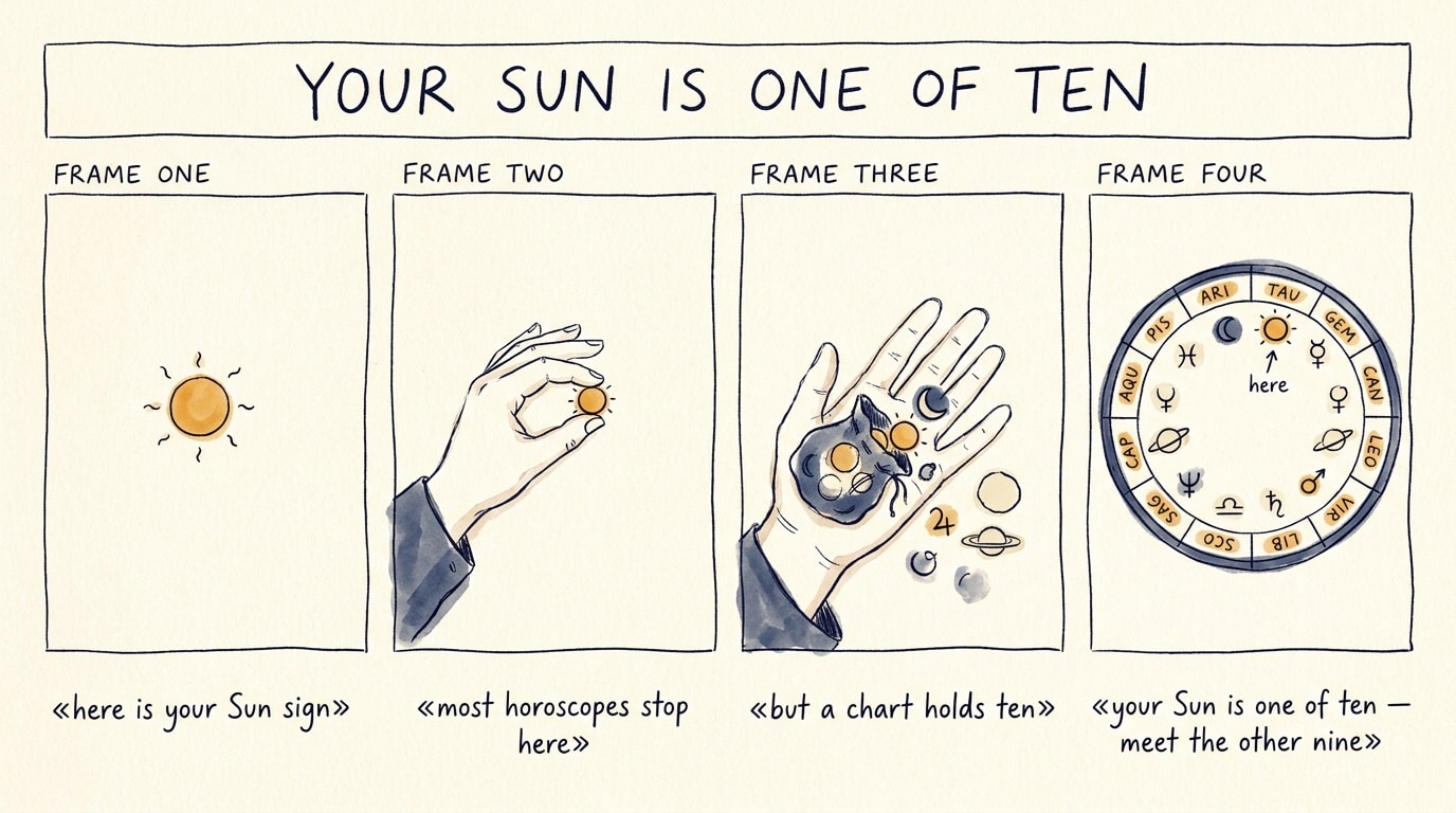 A four-panel hand-drawn comic strip in the spirit of an NYT op-ed graphic essay, walking through the idea that the Sun is one placement of ten: panel one shows a single Sun disc captioned «here is your Sun sign», panel two a hand holding the Sun like a tiny coin captioned «most horoscopes stop here», panel three the same hand spilling nine more planetary tokens captioned «but a chart holds ten», panel four a loose chart wheel with all ten tokens scattered inside and the Sun marked «here», above a handwritten title strip «Your Sun is one of ten»