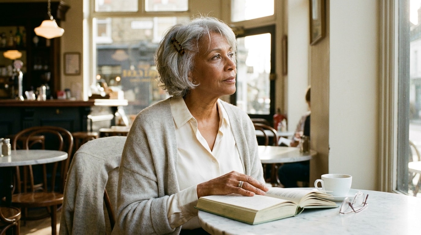 A 68-year-old woman of mixed heritage with warm brown skin and short silver-grey hair held by a tortoiseshell barrette sits at a marble-topped table in an independent café late morning, wearing an ivory silk blouse with a pale-grey cardigan over her shoulders, an open hardback book and a small white coffee cup in front of her, her right hand resting on the page and her left index finger marking a passage as she lifts her gaze toward an unseen companion, listening with the attentive stillness of someone still half in the sentence she was reading