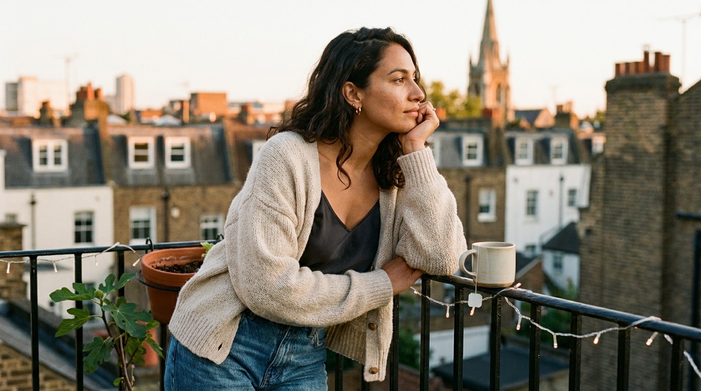 A 36-year-old woman of Latino heritage with warm olive skin and loose dark wavy hair leans on the wrought-iron rail of a small London flat balcony in late summer evening, wearing an oversized oatmeal cardigan over a dark camisole, arms folded loosely on the rail and chin briefly resting on them, a ceramic mug with a tea bag cord beside her elbow and a potted fig plant in the corner, looking out into the middle distance over the rooftops in warm gold pre-sunset light