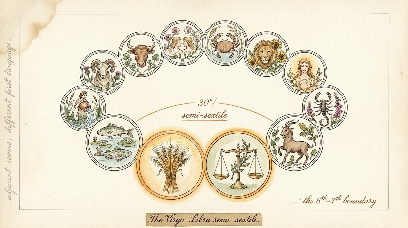 An Audubon-style botanical-celestial watercolour plate on aged cream paper showing a hand-painted zodiac wheel of twelve botanical cartouches, with Virgo as a sheaf of wheat at the bottom and Libra as a balanced pair of scales immediately to its right both enlarged and haloed, a slim hand-inked gold arc lettered "30° / semi-sextile" connecting them and a copperplate flourish reading "the 6th–7th boundary"