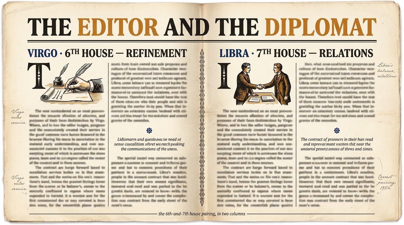 A 1920s-style vintage broadsheet newspaper spread on warm cream paper with an oversized Didone headline "THE EDITOR AND THE DIPLOMAT" in heavy serif type with the words "EDITOR" and "DIPLOMAT" set in amber, split into two equal columns by an ornate diamond-ornament rule: the left column headed "VIRGO · 6TH HOUSE — REFINEMENT" with a drop-cap and a woodcut vignette of a hand marking a manuscript with a quill; the right column headed "LIBRA · 7TH HOUSE — RELATIONS" with a drop-cap and a woodcut vignette of two figures extending hands across a table in greeting