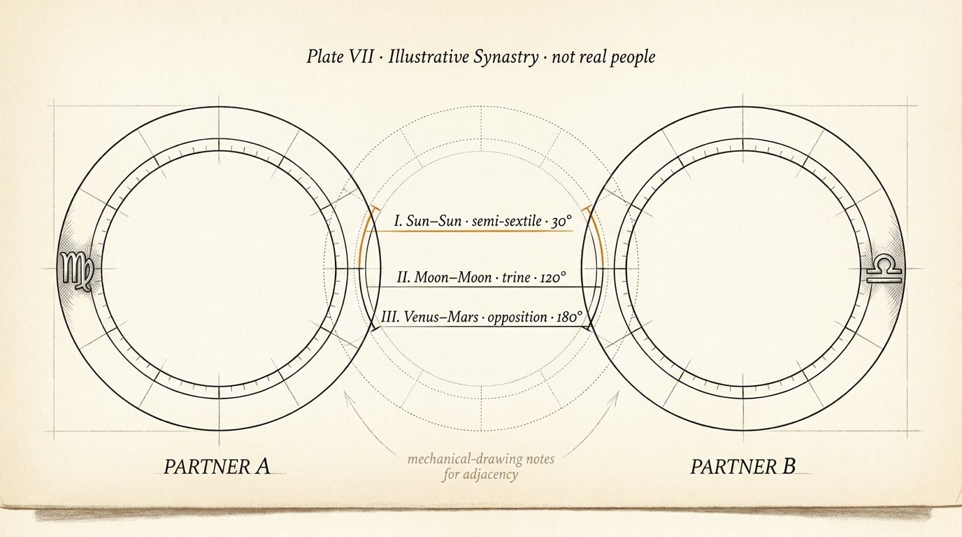 A mid-century scientific-textbook engraving on warm cream paper showing two equal circular zodiac wheels side by side labelled Partner A and Partner B, with Virgo glyph enlarged on the left wheel and Libra glyph enlarged on the right, three aspect lines ruled across the central composite ring marked "Sun—Sun · semi-sextile · 30°" in amber accent, "Moon—Moon · trine · 120°" and "Venus—Mars · opposition · 180°" in black ink, with Roman-numeral leader-lines and a small typeset caption "Plate VII · Illustrative Synastry · not real people"