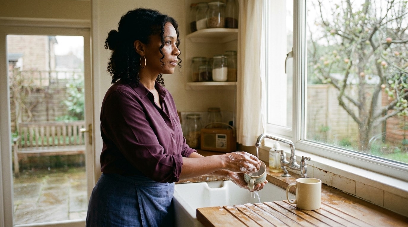 A 42-year-old Black British Caribbean woman in her home kitchen midmorning, silk-cotton blouse, washing two mugs at the sink, looking quietly through the window at the back garden