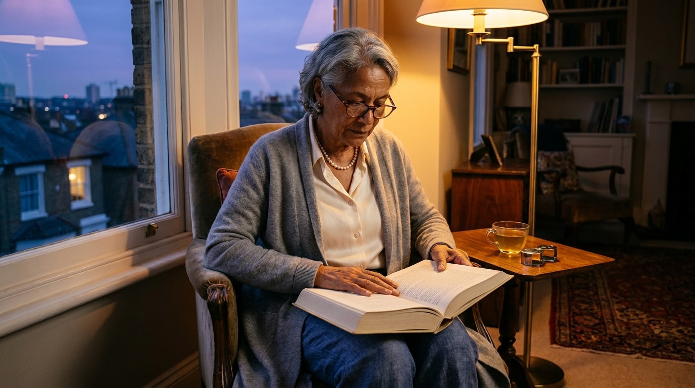 A 68-year-old woman of mixed heritage in a worn reading chair beside her sitting-room window one evening, soft cream silk blouse under a long cardigan, large hardback open on her lap, single brass reading lamp