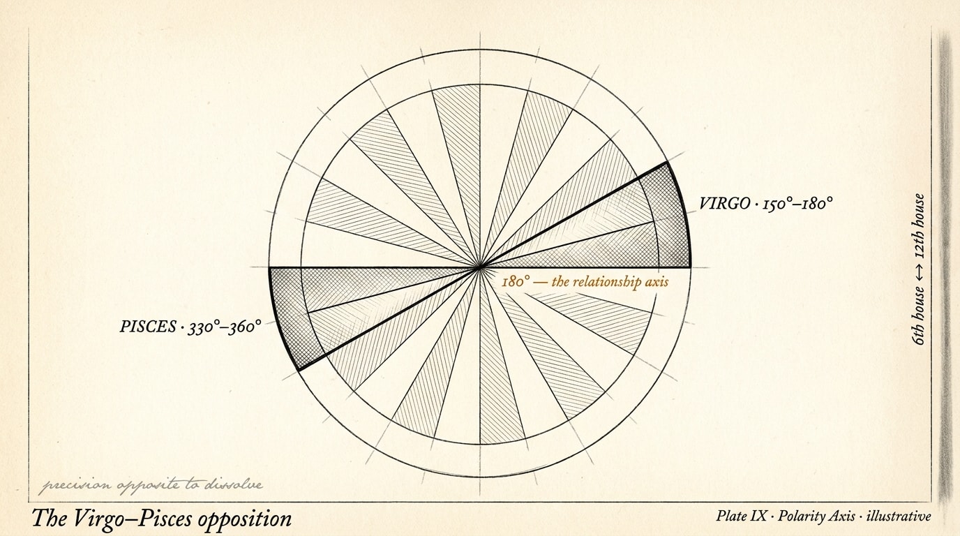 A vintage scientific textbook diagram engraved on cream paper — Virgo wedge at 150-180° and Pisces wedge at 330-360° marked directly across the zodiac wheel, joined by a thin black line with one amber accent labelled "180° — the relationship axis"