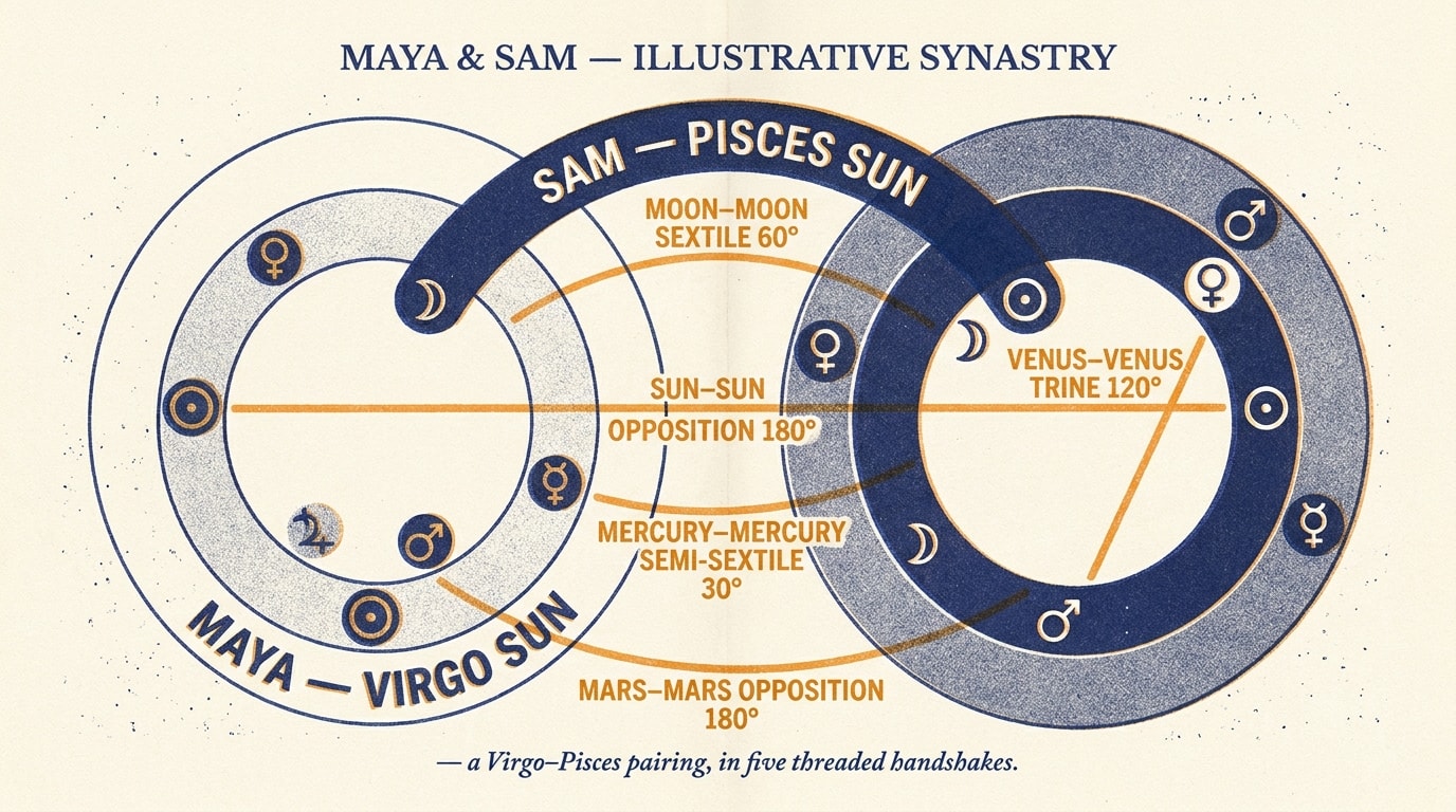 A risograph-printed editorial zine spread on cream stock — three-colour halftone in navy, amber and cream, double-wheel synastry plate labelled "MAYA — VIRGO SUN" inner ring and "SAM — PISCES SUN" outer, five amber lines connecting the five major placements between charts