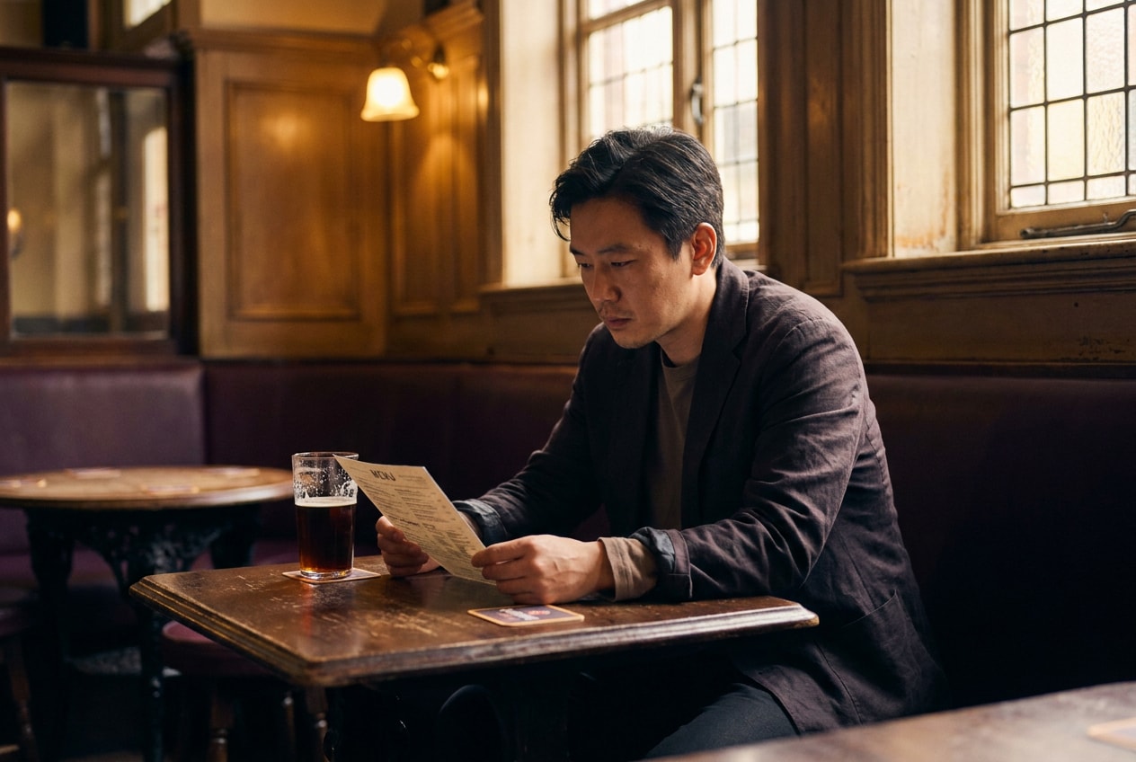 A 46-year-old man of Mixed heritage sitting alone in a quiet pub corner late afternoon, wearing a casual jacket, a half-pint of ale beside him, reading a folded paper menu, the warm amber bar lighting behind him soft and unhurried