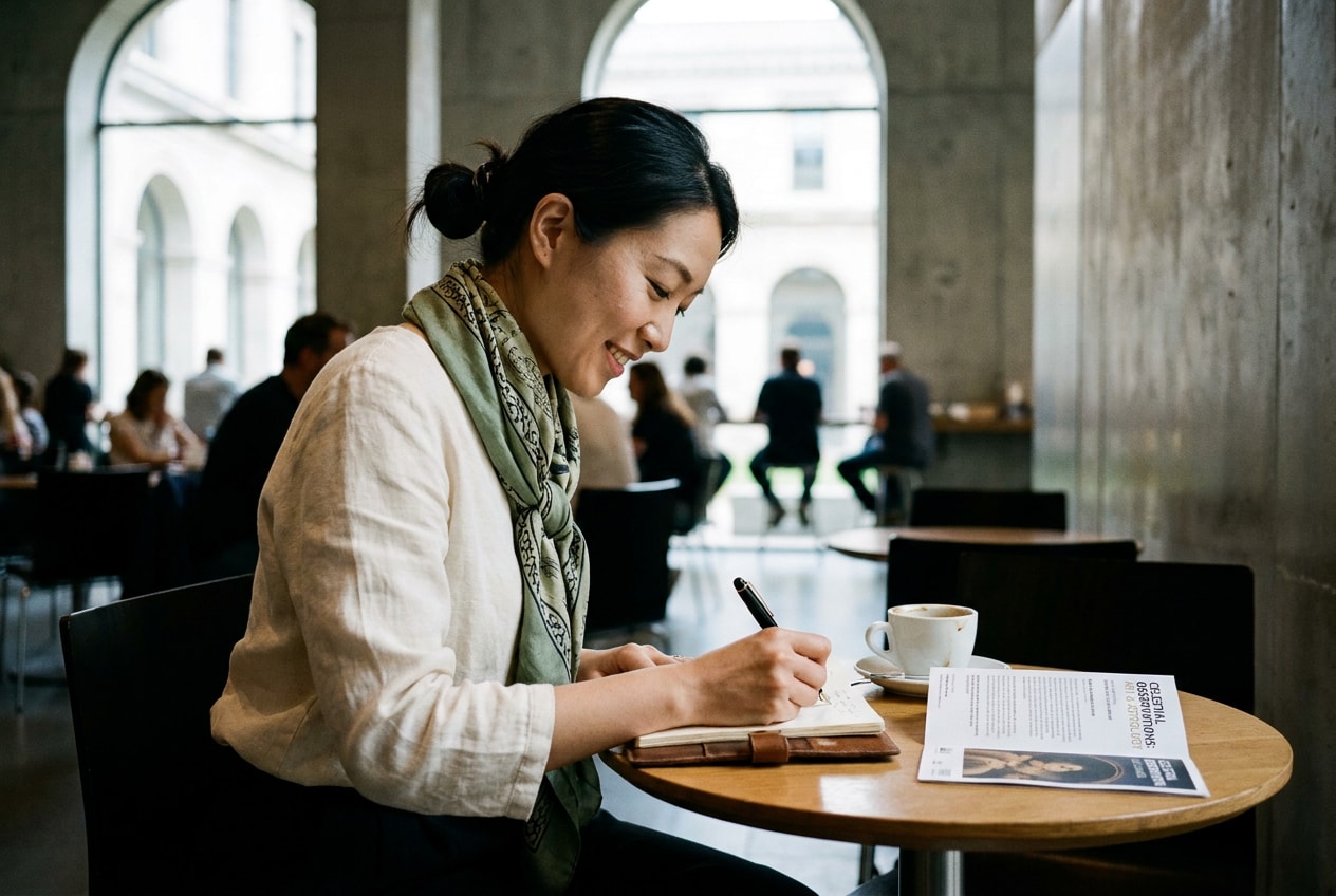 A 56-year-old East Asian woman in a museum cafe after an exhibition, wearing a linen scarf, writing notes in a small leather notebook on a wooden table, soft daylight through tall windows behind her