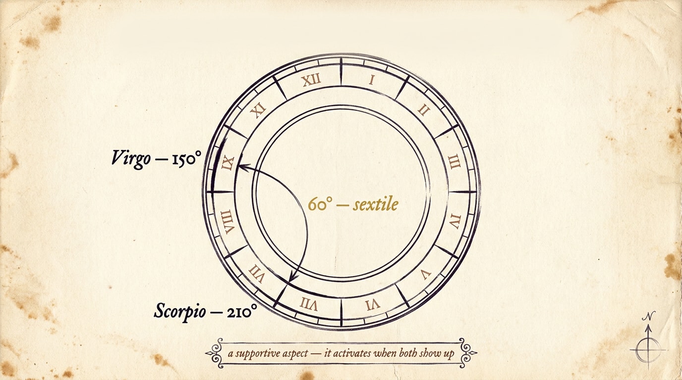 A vintage scientific diagram engraved on cream paper showing the twelve zodiac signs around a precise wheel, with Virgo and Scorpio marked by elegant copperplate labels and a slender black ink arc joining them at 60°, annotated "sextile", in the style of a 1930s textbook plate
