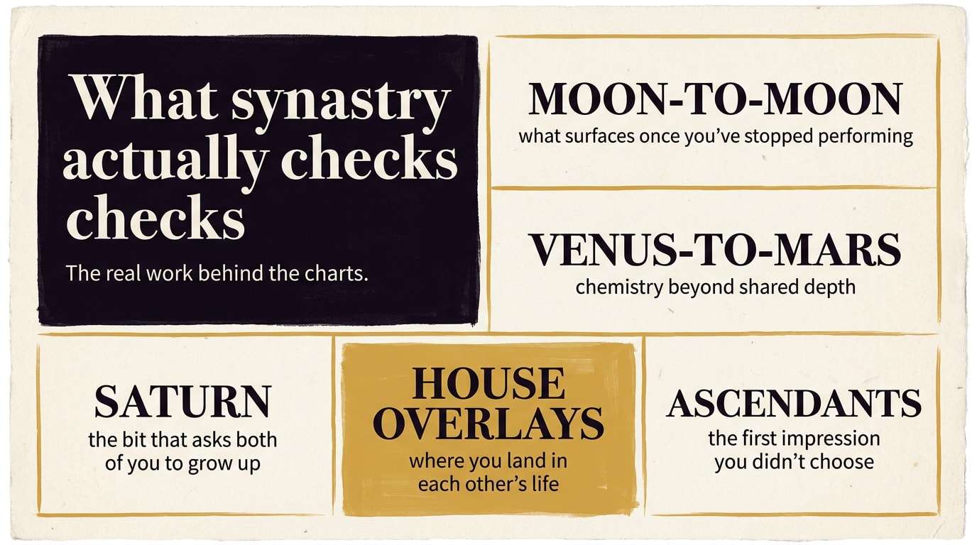 A bento-grid editorial infographic in NotebookLM register, 16:9, cream background divided into five tightly packed rectangular panels of different sizes, each labelled with one synastry factor in bold serif type — Moon-to-Moon, Venus-to-Mars, Saturn, House overlays, Ascendants — with one warm-amber accent panel carrying the headline "What synastry actually checks"