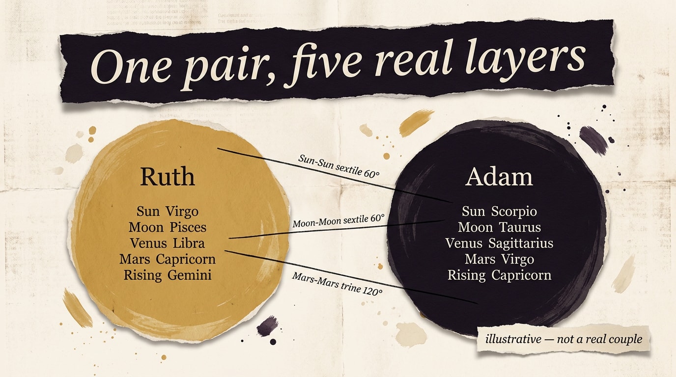 An editorial collage in the spirit of a New Yorker magazine spread, 16:9, on warm cream paper with torn-paper edges and layered typography ribbons, showing two scissor-cut circular paper shapes — one warm amber labelled "Ruth" with placement list (Sun Virgo / Moon Pisces / Venus Libra / Mars Capricorn / Rising Gemini), one warm navy labelled "Adam" with placement list (Sun Scorpio / Moon Taurus / Venus Sagittarius / Mars Virgo / Rising Capricorn) — overlapping by a third, with three thin ink rules annotated "Sun-Sun sextile 60°", "Moon-Moon sextile 60°", "Mars-Mars trine 120°"