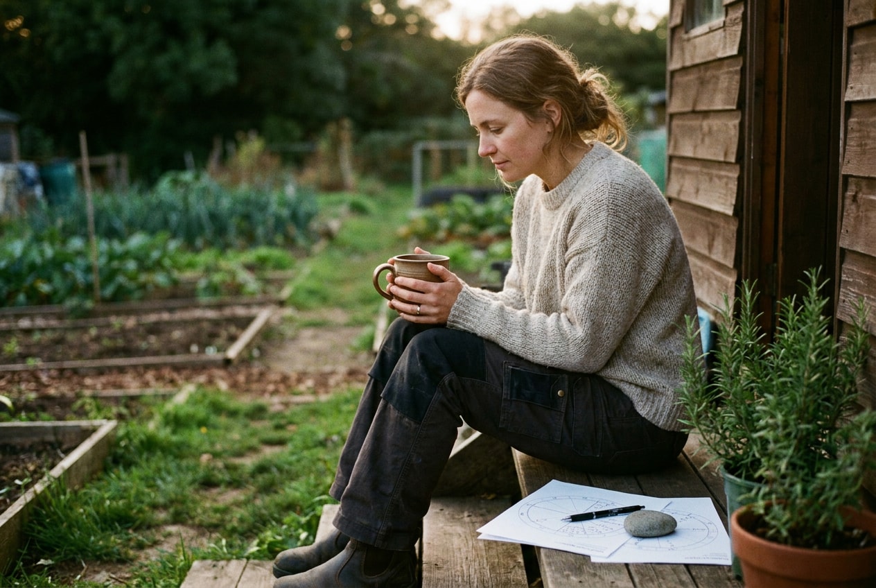 A 36-year-old woman of Latino heritage in an oversized oatmeal cardigan leaning on a small city balcony rail in soft early-evening light, holding a wide ceramic mug of coffee in both hands, two printed natal-chart pages weighted by a smooth stone on the ledge beside her, a leafy potted plant catching the warm side light