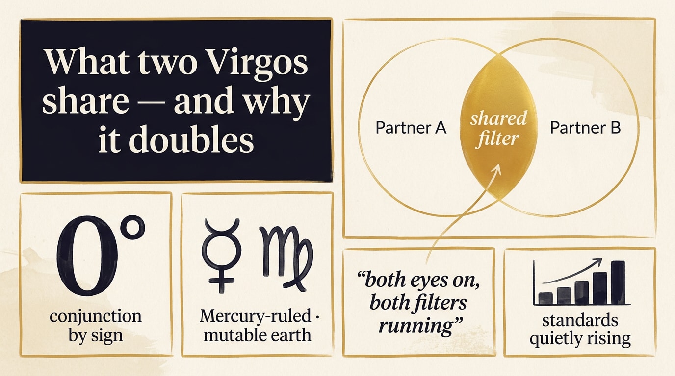 A bento-grid editorial infographic on cream background packed with six panels of varying sizes: a large headline panel reading "What two Virgos share — and why it doubles", a warm-navy accent panel holding two heavily overlapping amber circles labelled "Partner A" and "Partner B" with the lens-shaped overlap filled solid amber holding the words "shared filter", and four smaller facet panels showing the numeral "0°" with label "conjunction by sign", a glyph row marked "Mercury-ruled · mutable earth", an italic pull-quote "both eyes on, both filters running", and a micro-bar captioned "quietly rising"