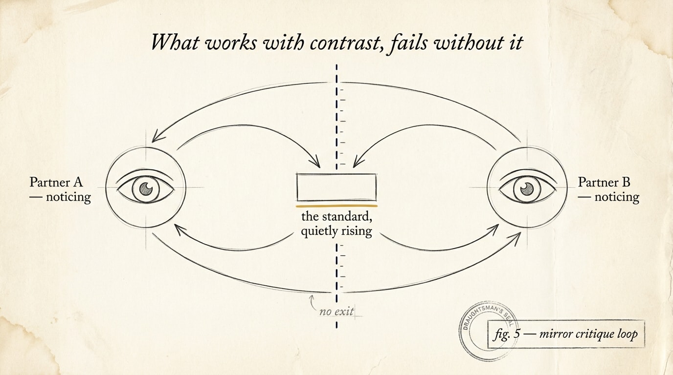 A hand-drawn architectural blueprint on aged ivory paper rendered in soft black pen-line, showing two pen-line eye icons facing each other across a light navy dashed mirror line with measurement-style tick guides, labelled in handwritten serif "Partner A — noticing" and "Partner B — noticing", with pen-line arrows curving inward to meet at a central node underlined in warm amber and captioned "the standard, quietly rising" and a second pair curving back out to close the loop with a pencilled note "no exit", italic ink-hand headline in the top margin reading "What works with contrast, fails without it", and a faint draughtsman's stamp "fig. 5 — mirror critique loop" lower-right