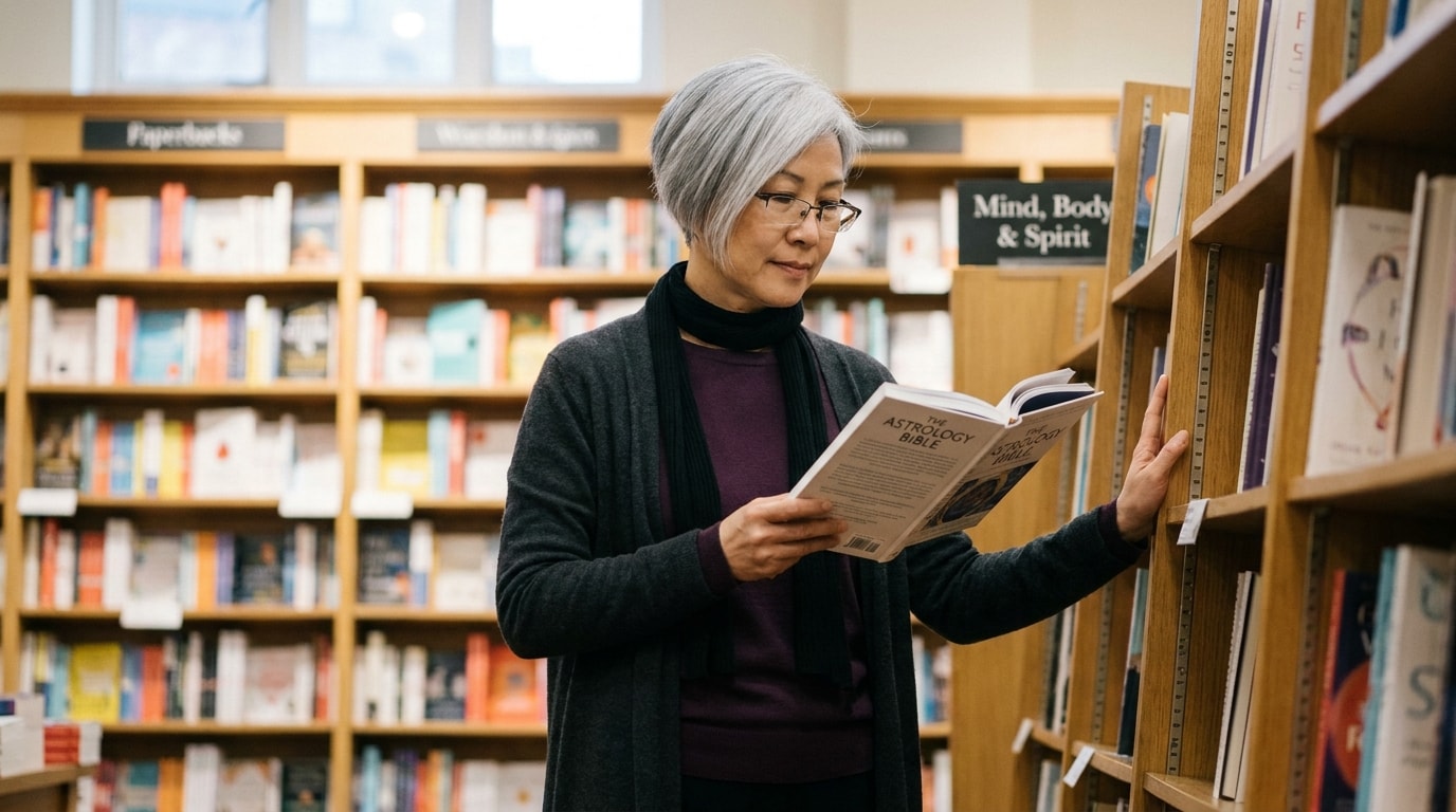 A 56-year-old woman of East Asian heritage with short silver-grey hair, a soft linen scarf and small reading glasses, browsing the Mind/Body/Spirit shelf of a London Waterstones on a quiet weekday afternoon, holding a hardback open in one hand while her other hand rests against the shelf, head tilted in a calm appraising glance
