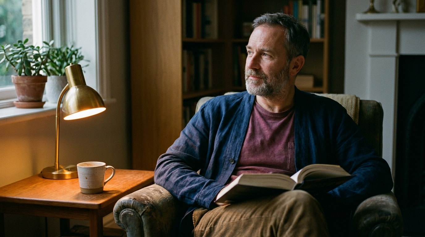 A 46-year-old man of mixed heritage with closely-cropped greying hair and a soft navy linen cardigan over a faded burgundy henley, sitting in the corner of his sitting room on a quiet weekday evening, lamp-lit, an open paperback resting face-down on his lap as he looks toward the window with a thoughtful, unhurried expression, a half-finished mug of tea on the side table beside him