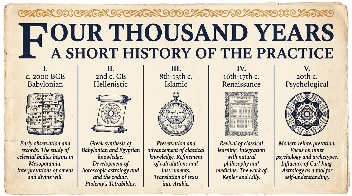A 1920s broadsheet newspaper editorial page printed on aged cream paper, headed in oversized serif drop-cap "FOUR THOUSAND YEARS" with a smaller deck reading "A short history of the practice"; the layout is divided into five vertical columns separated by thin warm-navy rules, each column headed by a small Roman-numeral and a date — I. c. 2000 BCE Babylonian, II. 2nd c. CE Hellenistic, III. 8th-13th c. Islamic, IV. 16th-17th c. Renaissance, V. 20th c. Psychological — each column contains a few lines of small italic serif body text and a tiny ink vignette under the heading (a clay tablet, a Greek scroll, an astrolabe, an ornate ephemeris page, a Jungian mandala); a single warm-amber ornamental flourish runs along the top edge as a typographic accent