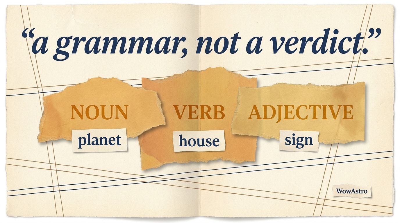 An editorial paper-collage in the spirit of a New Yorker spread on a warm cream background, with torn paper edges showing visible fibre and layered drop-shadows; three overlapping torn paper shapes carry warm-amber serif words "NOUN — VERB — ADJECTIVE", with smaller hand-set astrology equivalents typeset beneath in warm-navy cream-paper labels reading "planet — house — sign"; a single oversized italic serif pull-quote runs across the top in warm navy reading "a grammar, not a verdict", with thin ruled pen-lines crossing the composition at gentle angles, plus a tiny torn scrap in the lower-right reading "WowAstro" in small caps