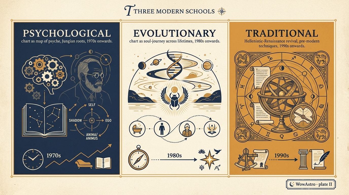 An editorial bento-grid infographic in the spirit of a NotebookLM mosaic, with three large panels packed together on a warm cream background separated by thin warm-amber connecting rules; the left panel is warm-navy with cream serif caps reading "PSYCHOLOGICAL — chart as map of psyche, Jungian roots, 1970s onwards"; the centre panel is cream with warm-navy serif caps reading "EVOLUTIONARY — chart as soul-journey across lifetimes, 1980s onwards"; the right panel is warm-amber with warm-navy serif caps reading "TRADITIONAL — Hellenistic-Renaissance revival, pre-modern techniques, 1990s onwards"; a small drop-cap title-block above reads "THREE MODERN SCHOOLS" in warm navy, plus a tiny stamp in the bottom-right reading "WowAstro · plate II"