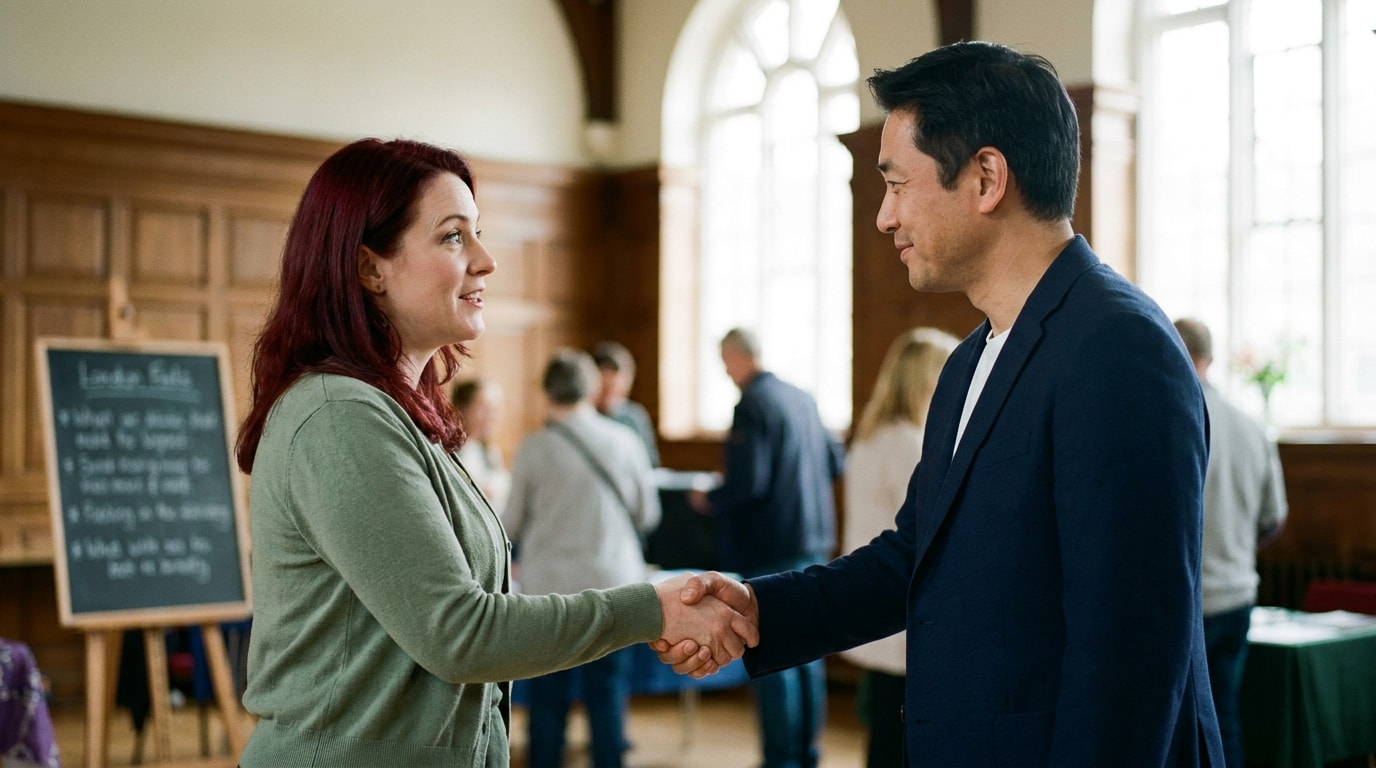 Two British strangers meeting for the first time at a London workshop, mid-handshake, the woman in soft profile being read by the man — the surface, not the depth