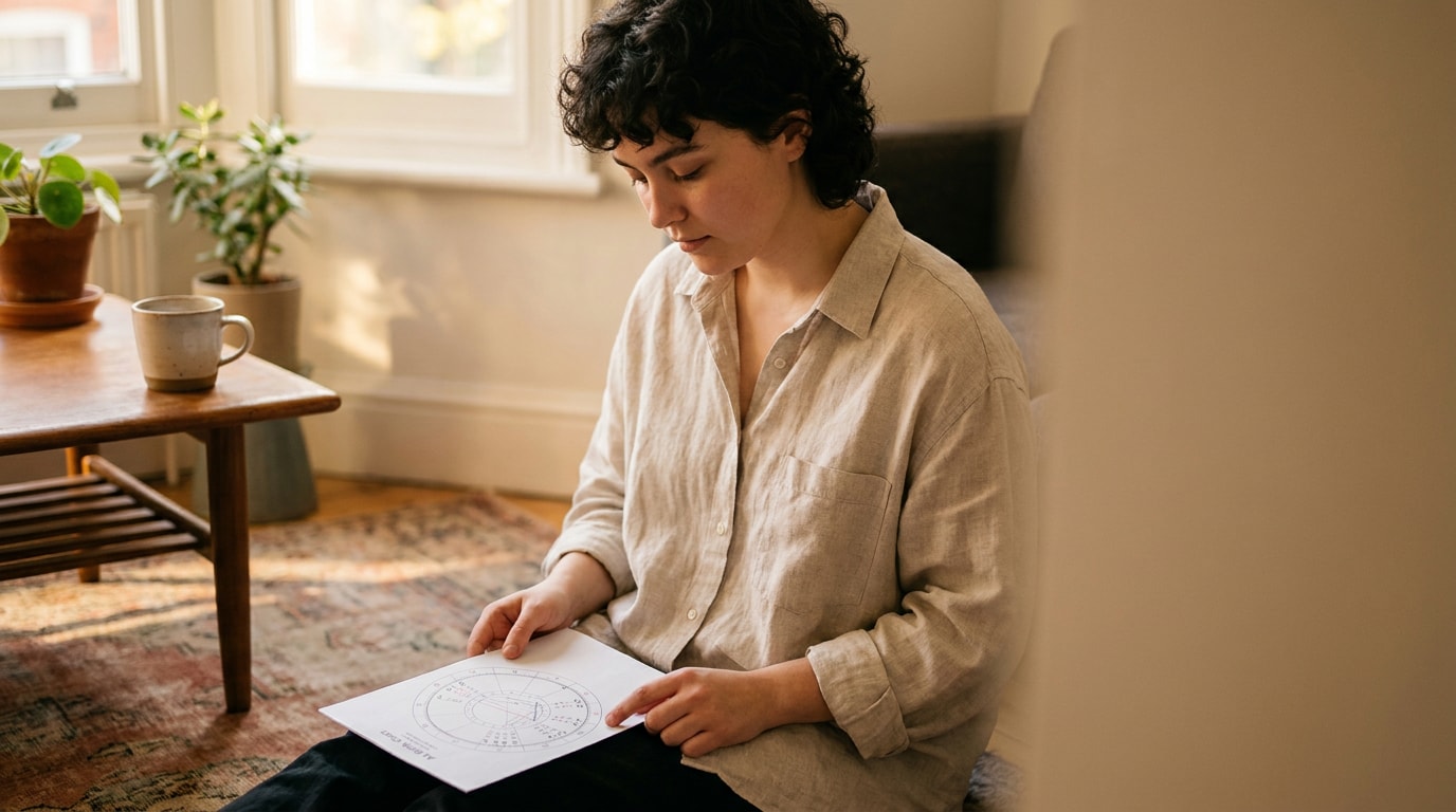 A non-binary British person in their early thirties sitting on the living-room floor in late afternoon, tracing the rim of a printed birth chart with one finger — the "sit with it for a week" moment