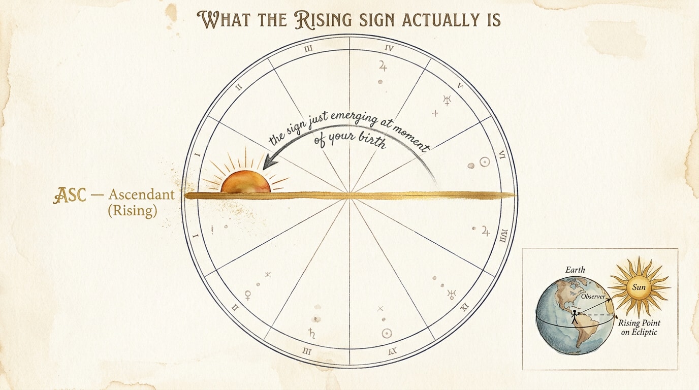 A vintage scientific diagram engraved on cream paper in mid-century textbook style — a clean black ink line drawing of an astrological birth chart wheel, twelve segments numbered in small navy serif Roman numerals around the rim, the eastern horizon at the 9 o'clock position highlighted with a single warm amber accent and a small leader-line labelled in copperplate script Ascendant — sign rising at birth, with thin black ink labels for east, south, west and north and a faint cream-paper texture across the surface