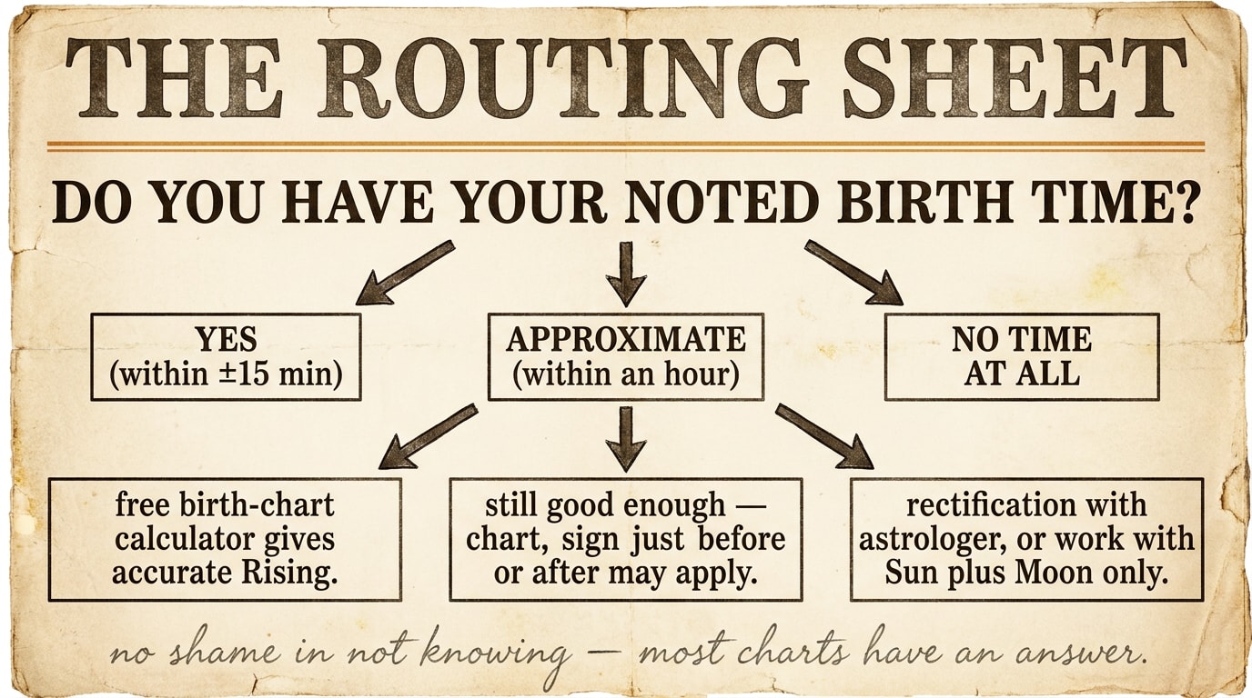 A 1920s broadsheet newspaper layout printed on cream paper in heavy black ink, a single broadsheet-style decision flowchart titled in oversized serif headline Where do you stand on birth time?, three numbered branches descending with ornate dividers and small drop-cap initial letters: branch 1 Yes I have it noted accurately to fifteen minutes — your free chart is reliable, branch 2 No I have no record — Sun and Moon are still yours; Rising needs rectification or skip, branch 3 Roughly — within fifteen minutes is fine; beyond an hour treat the result as a best guess, with a single warm amber underline beneath the headline word birth