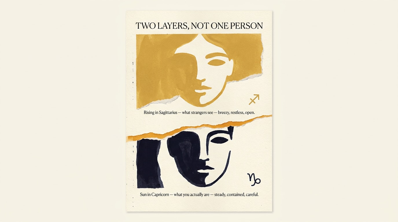 A torn-paper editorial collage in the spirit of an FT Weekend Magazine spread on cream paper, two layered portraits-as-shapes: in the foreground a loose hand-cut paper silhouette in warm amber labelled in oversized italic serif Sagittarius Rising — the breezy doorway, behind it a deeper warm-navy silhouette of the same shape labelled Capricorn Sun — the slow climb underneath, the two shapes overlapping with a torn edge between them, a small handwritten arrow in soft black ink labelled two layers, one person, scissor-cut typography ribbons and faint pencil-grid texture across the surface, a single warm amber accent rule beneath the title