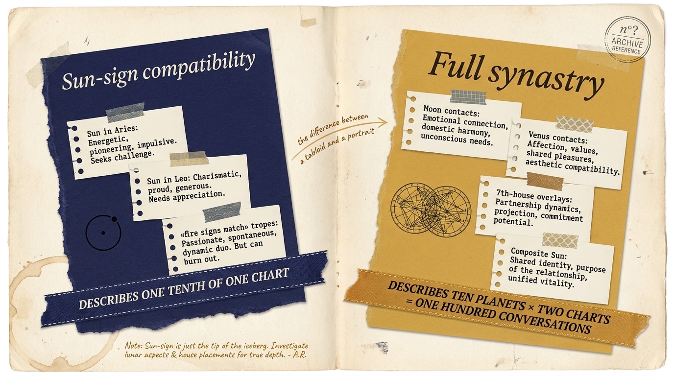 Editorial infographic split in two — on the left a single small gold Sun glyph alone in a thin circle labelled "1 placement"; on the right two overlapping zodiac wheels in gold and silver with thin connecting lines, labelled "20 placements in 2 charts" — caption "What's actually being compared"