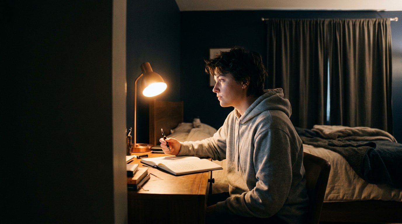A 22-year-old of Mixed UK heritage with short dark hair and a soft grey hoodie sitting at a small bedroom desk in the early evening, a single warm lamp pooling light onto an open notebook, fountain pen paused between sentences, gaze resting in the middle distance where the next thought is still arriving — the quiet private moment of writing toward a shape that isn't there yet