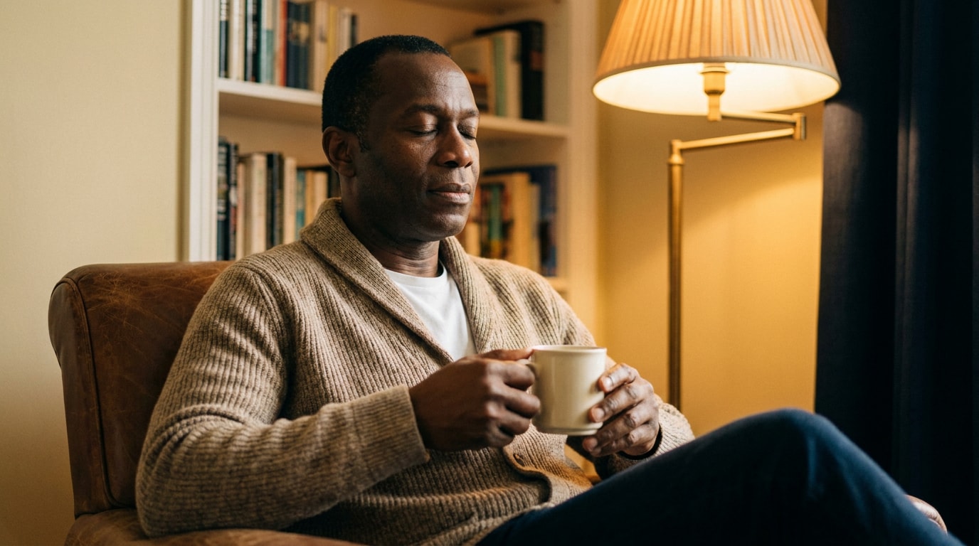 A 50-year-old man of Black British African heritage in a soft fawn cardigan over a collared shirt, leaning back in a worn leather reading chair in his home study on an afternoon, eyes closed briefly, a closed book resting on his lap, the warm afternoon light from a side window catching one cheekbone — the quiet pause of someone letting a thought settle before deciding what to do with it