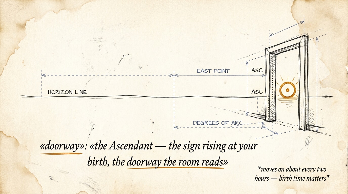 A hand-sketched architectural blueprint on aged ivory paper with faint tea-stain corners and light-navy construction guides: a freehand horizon line stretches across the page with a stylised doorway drawn at the eastern end, soft black pen-line as primary medium with light-navy dashed measurement rules above and below; a small Sun glyph rising just behind the doorway frame on the horizon line; handwritten serif annotation with a single warm amber underline reading 'the Ascendant — the sign rising at your birth, the doorway the room reads'; a smaller margin note in the lower right reading 'moves on about every two hours — birth time matters'; subtle paper grain texture; British spelling throughout