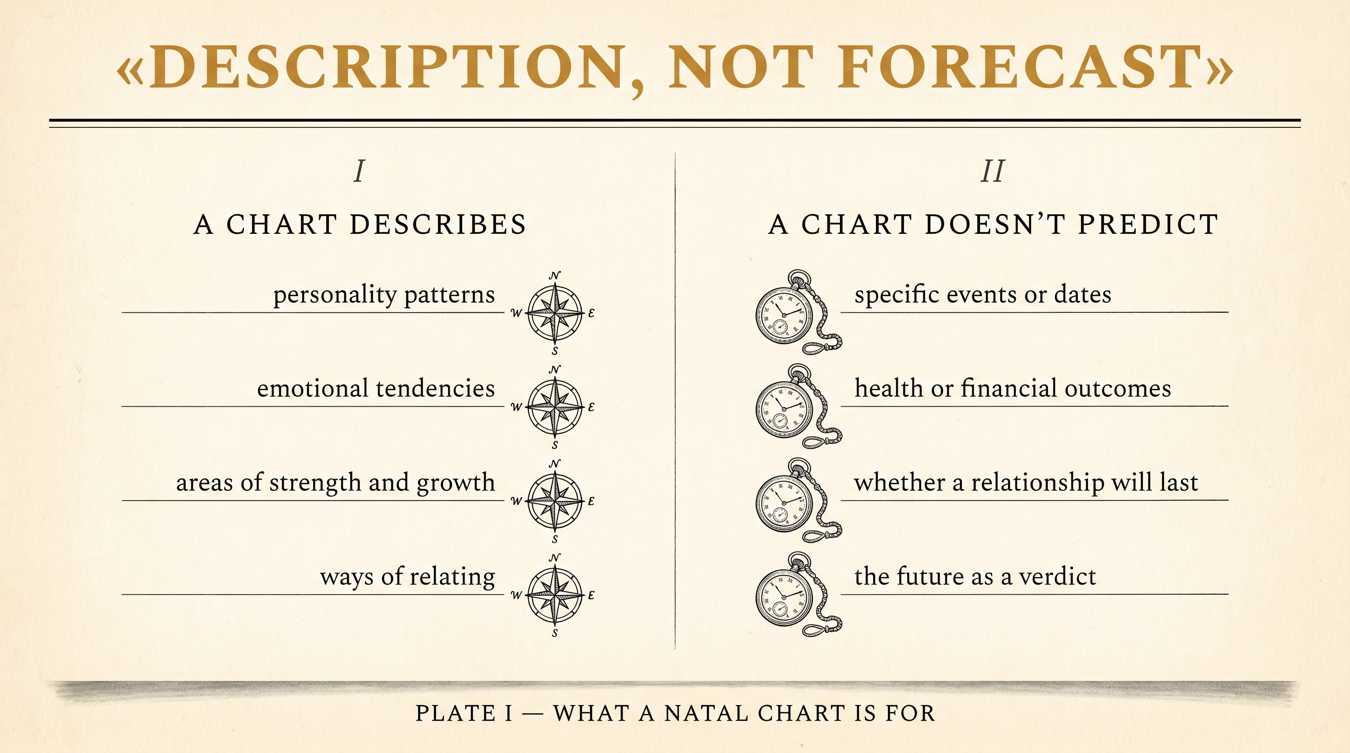 A vintage mid-century scientific textbook plate on warm cream paper, headed in gold "DESCRIPTION, NOT FORECAST" and footed "PLATE I — WHAT A NATAL CHART IS FOR"; split into two ink-engraved panels with Roman numerals — left panel "A CHART DESCRIBES" (I) listing personality patterns, emotional tendencies, areas of strength and growth, ways of relating, each with a leader-line to a small compass-rose motif; right panel "A CHART DOESN'T PREDICT" (II) listing specific events or dates, health or financial outcomes, whether a relationship will last, the future as a verdict, each with a leader-line to a closed pocket-watch motif; thin black ink line-work throughout with one warm-gold title accent