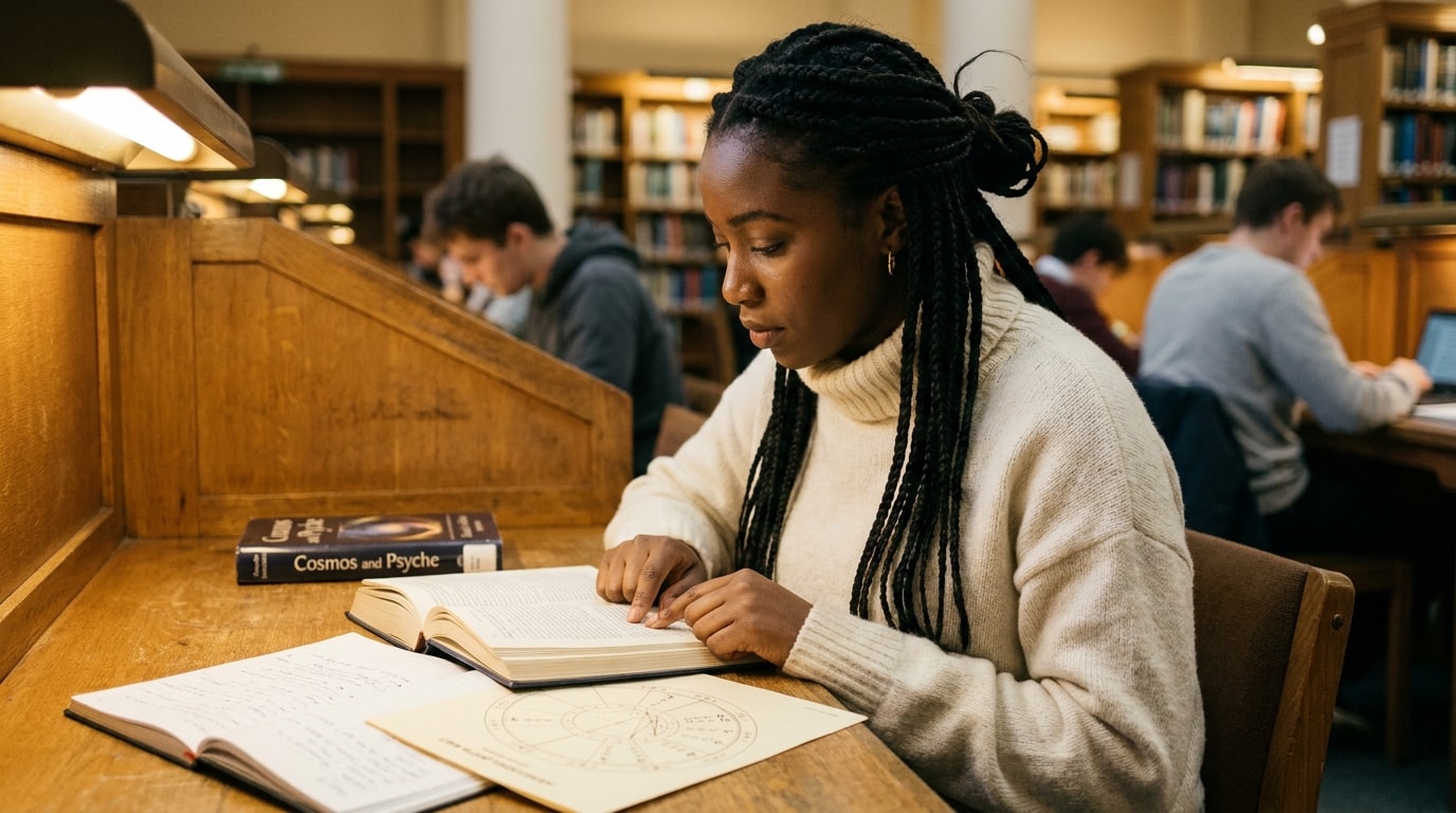 A young Black British woman in a cream rollneck reading at a university library carrel, finger resting on a line of text in an open book, with a notebook and a printed astrological wheel beside her in warm lamp light