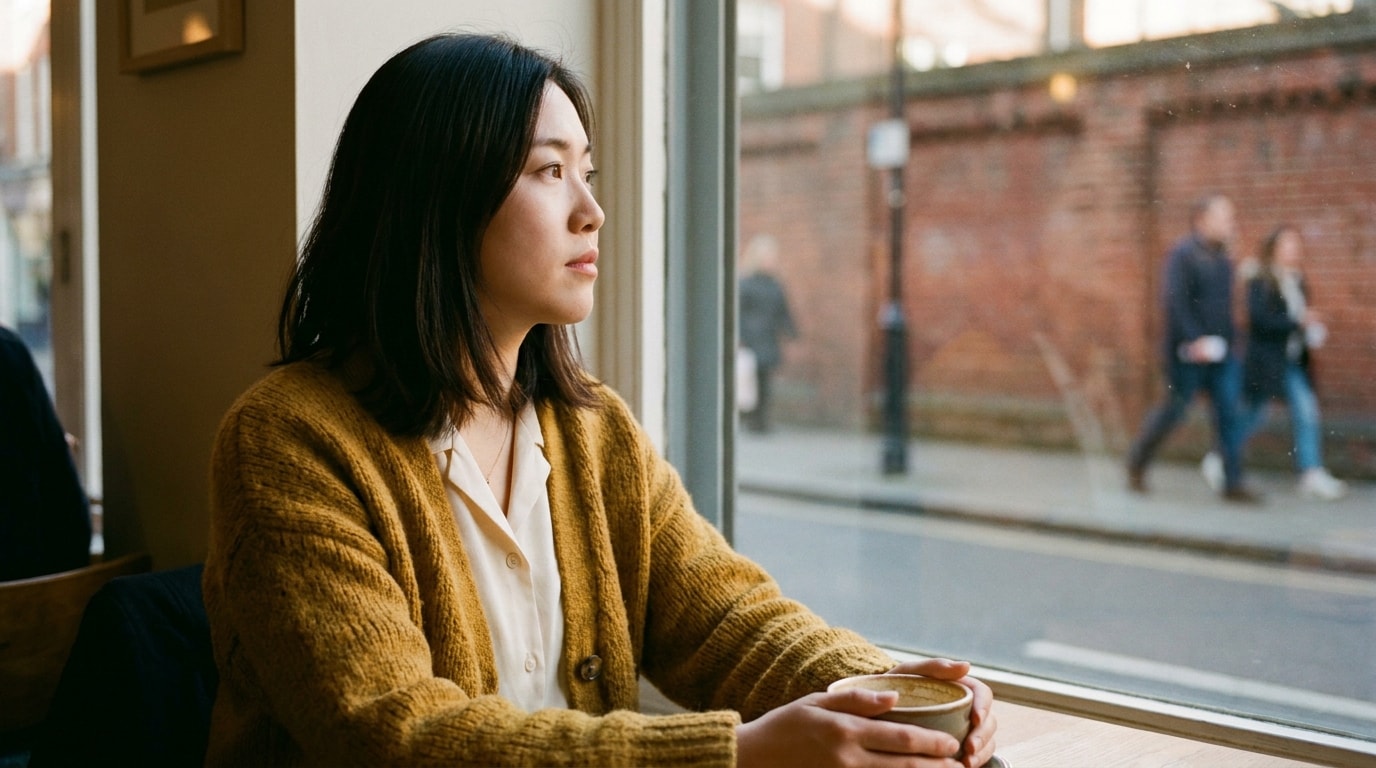 A young woman of East Asian heritage in a mustard cardigan sitting at the window seat of a London cafe in the afternoon, hands resting around a half-finished latte, looking out at the street with a quiet, thinking expression in soft golden-hour light