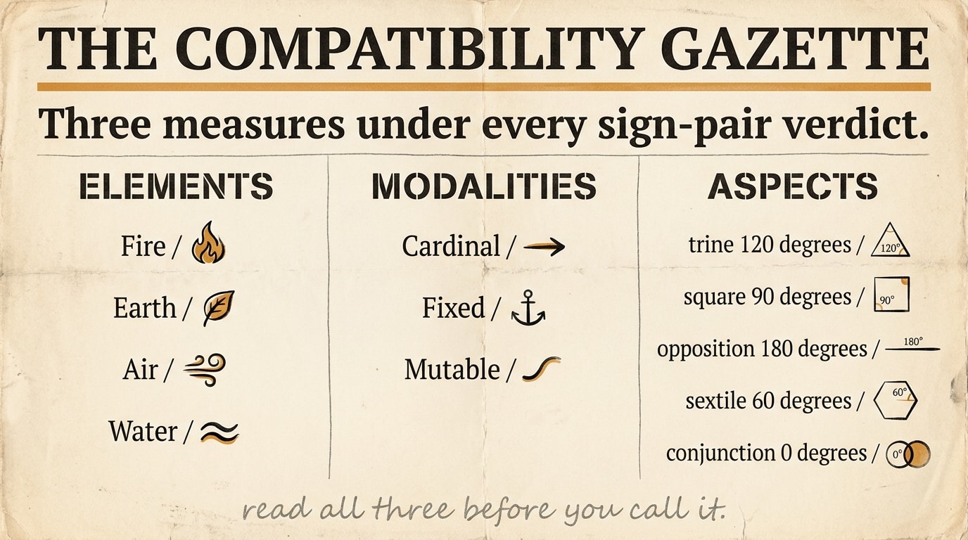 Vintage broadsheet newspaper page styled as "The Compatibility Gazette", three columns of black ink on warm cream with an amber masthead accent, columns headed Elements (Fire, Earth, Air, Water), Modalities (Cardinal, Fixed, Mutable) and Aspects (trine 120°, square 90°, opposition 180°, sextile 60°, conjunction 0°) under the lead headline "Three measures under every sign-pair verdict"