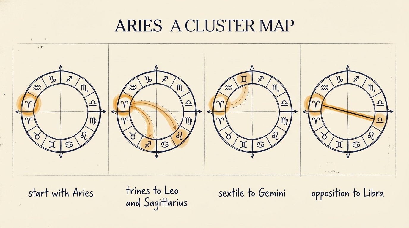 A four-frame hand-drawn comic strip on cream paper in NYT op-ed register, loose navy ink and amber wash, frames showing the zodiac wheel with Aries circled, then arcs traced out to Leo and Sagittarius (trine), to Gemini (sextile), and across to Libra (opposition), with handwritten captions beneath each frame