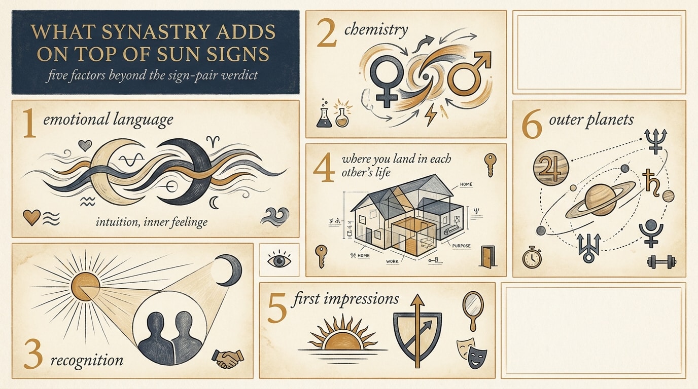 A bento-grid editorial infographic on cream with a deep-navy anchor panel and amber numeral accents, six packed panels showing five synastry factors — Moon-to-Moon (emotional language), Venus-to-Mars (chemistry), Sun-to-Moon (recognition), house overlays (where you land in each other's life) and Ascendants (first impressions) — arranged around the headline "What synastry adds on top of Sun signs"
